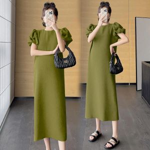 Levererar grön svart moderskap Sommarklänning Puff Sleeve Plus Size Pregnant Woman Aline Dress AnkleLength Elegant Pregnancy Party Dress