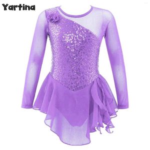 Sahne Giymek Çocuk Kız Patinaj Balesi Dans Elbisesi Kostüm Uzun Kollu Yuvarlak Boyun Sequins Hollow Sırt Balerin Tutu Elbiseler