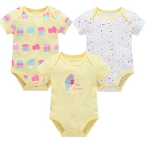 Endelar 2024 Baby Girls Clothes 3 PCS Ice Cream Design Nyfödd bomull Bodysuit Kort ärm Summer Overalls
