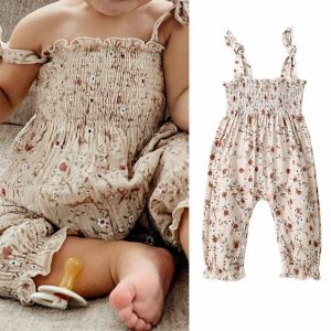 One-Pieces 024M Baby Girls Floral Jumpsuits Tieup Suspender Pants Overalls Infant Romper Toddler Summer Clothes 2024 New