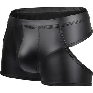 ClevermenMenmode sexy Männer Hollow Boxer männliche Unterwäsche Faux Leder Open Butt Bottoms Performance Underpants Backless Boxer Shorts 240423