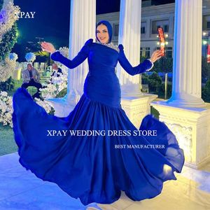 Party Dresses Xpay Modest Blue Mermaid Muslim Arabic Women Evening Long Sleeves Pearls Chiffon Prom Clowns Occasion Dress 2024