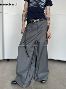 Calças Mauroicardi outono Black Flowy Baggy Wide Leg -Pants para homens de rua masculino Menas de moda de moda casual casual