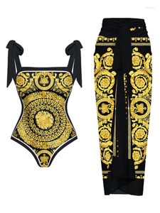 Domowe odzież kąpielowa 2024 Vintage Atmospheric Gold Print Reversible Bowknot Tie R-rajzny One Piece Swimsuit and Sarong