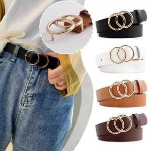 Bälten Double Round Belt for Women Pu Metal Fashion Leather Vintage Luxury Midjeband Solid Color Belt Leisure Dress Jeans Accessory 240423