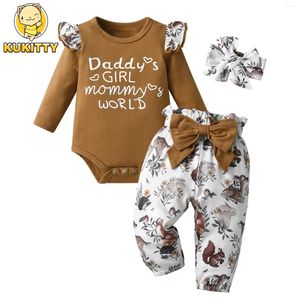 Clothing Sets Infant Baby Girl Casual Clothes Set Long Sleeve Romper Onesie Top With Letters And Floral Printed Pants Headband Born Outfit