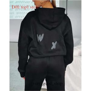 Sweatshirts Wf-women Women's Hoodies Letter Print 2 Piece Outfits FOX Cowl Neck Long BLACK WHITE Sleeve Sweatshirt and Pants Set Tracksuit A2 3065