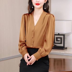 Kvinnor BLOUSES 2024 Fashion Solid Color V-Neck Pleated Spring Summer Shirt Korean Pendling Långärmad lös passande toppar
