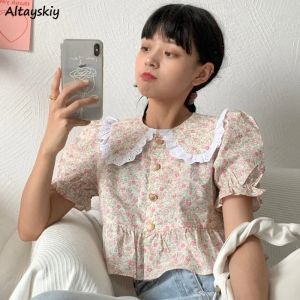 Hemd Shirts Frauen Preppy Style Lace Patchwork Casual Allmatch beliebtes Sommer Peter Pan Collar Chic Crops Studenten Korean Retro Tops
