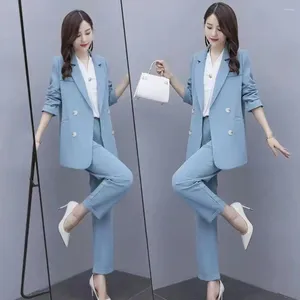 Women's Two Piece Pants Women Business Suit Formal Elegant Set With Double-breasted Coat High Waist For