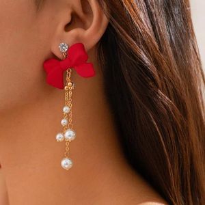 Kolczyki Dangle Red Bow Women's Fardrop Massel 2024 imitacja Pearl Luksusowy bankiet ślub dla damskich biżuterii