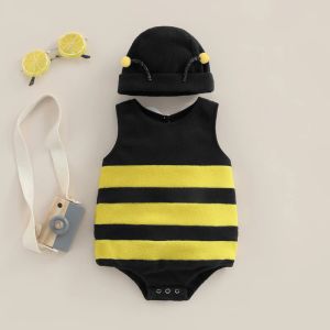 One-Pieces Baby Boys Girls Bee Romper Stripe Sleeveless Back White Wing Decor Jumpsuits Summer Casual Clothes Infant Bodysuits with Hat