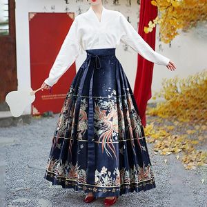 Saias plissadas maxi para mulheres estilo chinês vintage hanfu roupas de cavalo face saia elegante nacional longa