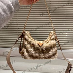 Damendesigner Feste Farbe Stroh gewebter Schultermond Hobo Unterarmtaschen Goldkette Strand Urlaubsbeutel Nylong Lonmg Gurt Crossbody Handtaschen 20x16 cm 24x17cm