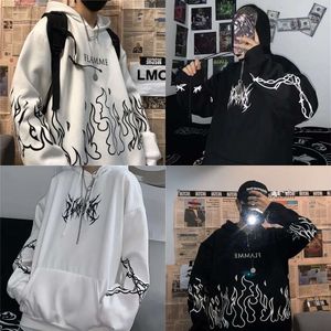 Sweatshirts Hoodies Kpop Men's Retro Flame Print Winter Casual Overized Sweatshirt Ins Men and Women Streetwear Hoodie