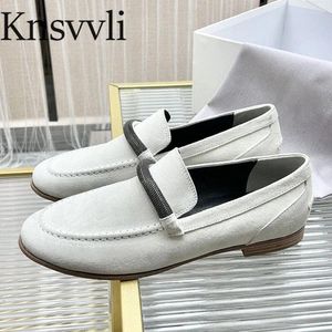 Casual Shoes Outdoors Flat Women Summer Cow Suede String Bead Slip-On Female Business Round Toe Loafers Woman