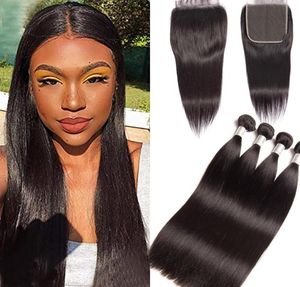 Malaysian Human Hair Straight Bundles With 6X6 Lace Closure Middle Three Part 5 Pieceslot Hair Extensions 1028inch4934335