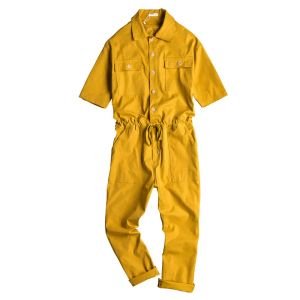 Tröjor sommarövergripande män jumpsuit bomullslapa kort ärm ankel längd hip hop streetwear svart gula byxor lösa fritidsbyxor