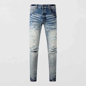 Jeans masculinos High Street Moda Men Jeans Retro Azul Stretch Skinny Fit Ripped Men Bandana Patched Designer Hip Hop Marca Hombre 240423