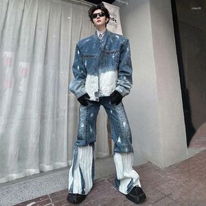 Men's Tracksuits Denim Suit Casual Multi-Zipper Wide Pants Design Stand Stand Collar Patchwork Jacket Masculino Contraste Men 9C4747