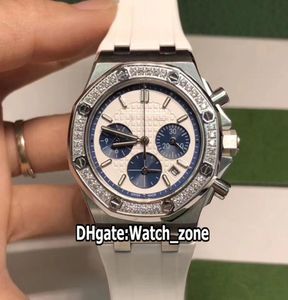 Nowy Royal 26231Stzzd010ca01 Miyota Quartz Chronograph Watch Watch White Dial Blue Subdial Stael Case Diamond Bezel Gumel Lady2996651