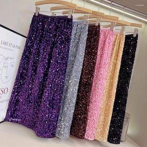 Skirts Women's Summer Long Skirt Stretch High Waist Sequins Beading Quality Bodycon Femme Faldas Jupe Saia