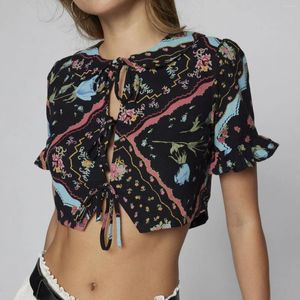 Kvinnors blusar Gaono Kvinnor Crop Basic T-shirts Summer Floral Print/Embroidery Tie Front Short Sleeve Tops For Streetwear Eesthetic Clothes