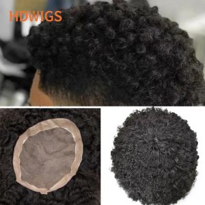 Tupees Toupees Hdwigs Men's Afro Kinky Curly European Human Hair for Man Fine Mono NPU Prótese capilar Sistema de cabelo de cor natural