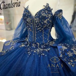 Синий бисеро -хрустальный съемный рукав для шарикового платья Quinceanera платья без бретелек золотые аппликации кружев