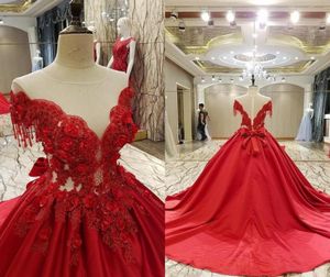 Luxury Red Ball Gown Evening Dresses Off Shoulder Appliques Satin Sheer Back Prom Dresses Illusion Bodice Quinceanera Dresses Swee1017291