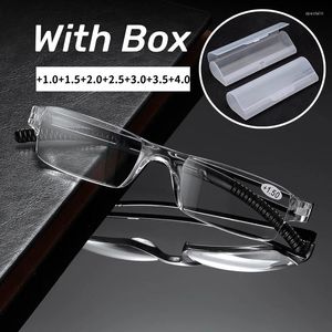 Solglasögon mode kantlösa läsglasögon med låda män kvinnor retro blått ljus som blockerar presbyopia unisex transparent långa synglasögon