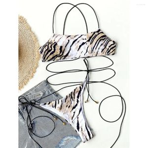 Kvinnors badkläder sexig tiger tryckt wrap runt bikini kvinnliga baddräkt kvinnor tvåstycken set bather baddräkt simma lady k3113