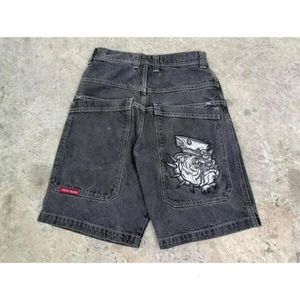 Mäns shorts y2k retro gotiskt mönster broderi jnco denim shorts 2000s stil hip hop väska sommar herr strand jeans jorts gym shorts j240409 jeans