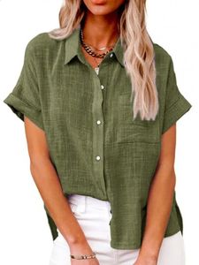 Women Blus Shirt Casual Office Linen Solid Loose Vintage Over -tröja Elegant Kvinna Single Breasted Short Sleeved Tops Plus Size 240412