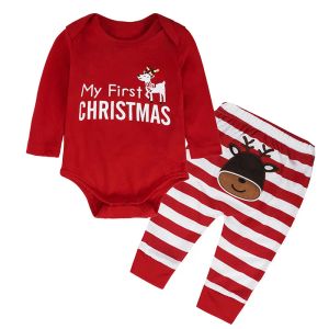 Defina o recém -nascido, roupas de bebê, menino, minha primeira carta de Natal Romper+Pant Suits 2pcs Girls Roupfits Children Conjuntos de roupas de Natal