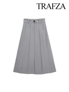 Юбки Trafza 2024 Spring Fashion Women's Women's Elegant Плисия длинная юбка с твердой серой винтажной a-line Универсальная высокая талия модные дни