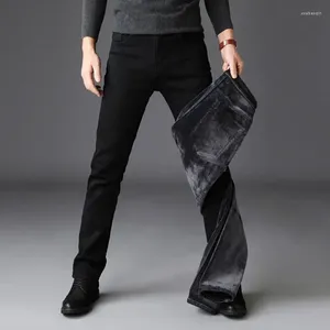 メンズジーンズ2024メンファッション冬のブラックカラースリムフィットストレッチ厚いベルベットパンツウォームデニムカジュアルフリースズボンの男性