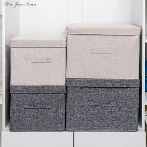 Parts 2021 New Washable Cotton Linen Fabric Folding Cd Storage Box Foldable Bins Toys Organizer with Lid Storage Basket Laundry Basket