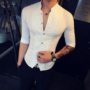 T-shirty stojak na kołnierz Chińskie koszulę w stylu Mężczyźni Slim Fit Korea Ubrania mężczyźni pół rękawie 2018 Summer Designer Club Shirt Camisa Masculina