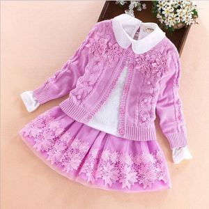 Clothing Sets Children's Set 2024 Autumn Winter Sweater Coat Shirt Skirt 3pcs Lace Flowers Kids Girls Cotton Clothes 7 8 10 13 Years