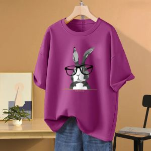 Tops ebaihui 100%면 L5XL 플러스 크기 T 셔츠 토끼 프린트 O 목 TSHIRT 짧은 소매 여성 최고 기본 여름 커플 솔리드 T 셔츠