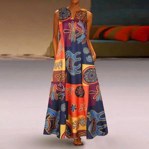 Summer Bohemian Sundress Vintage Sleeveles Floral Printed Maxi Long Dress Casual Robe Femme Party Vestido Sarafans 240419