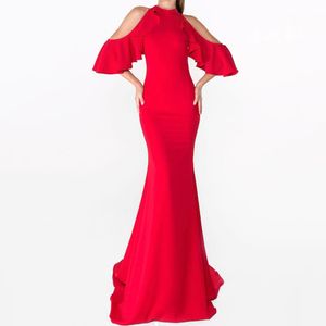 High Neck Mermaid Evening Dresses Long Prom Dress Elegant Red Crepe Formal Party Gown with Train