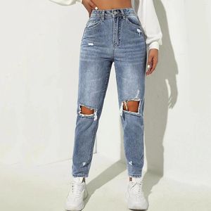 Women's Jeans Denim Trousers Street Personality Casual Ripped Fashion Wash Water Small Feet Slim Ladies Clothes