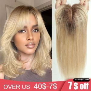 Closures Human Hair Toppers with Bangs Ombre Platinum Blonde Remy Hairs Topper Silk Base Clip in Toupee Hair Pieces for Women Hair Loss