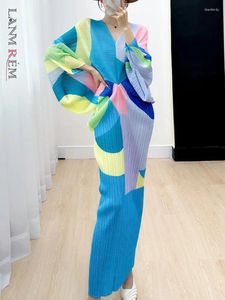 Casual Dresses Lanmrem tryckt klänning Kvinnors veckade bat ärmar Färgblock maxi lös elegant 2024 kvinnliga festkläder 2DA2667