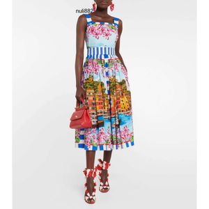 Womens dress sleeveless Gathered Waist Sicilian Sea View Printed Midi Dress