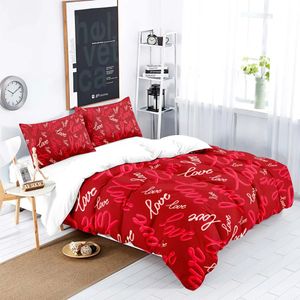 3 piece matte polyester bedding set skin friendly warm comfortable classic bright red surface love letter digital print 240424