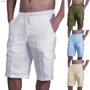 Męskie szorty Białe lniane męskie Summer Sumne Multi Pocket Sports Shorts Modne elastyczne talia oddychająca plaża H240424