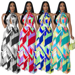 Womens Halter Backless Pleated Large Swing Dress Printed Sleeveless